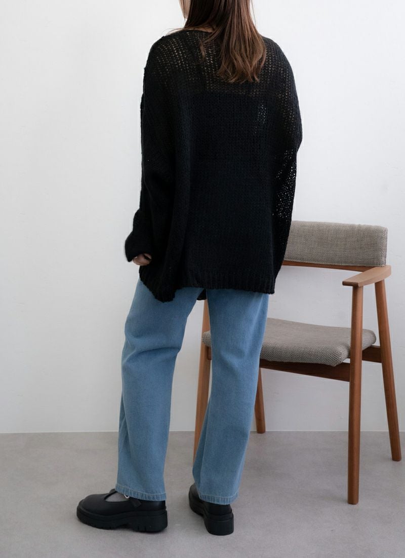 起毛糸透かし編みプルオーバー　ブラック　　revoam（レヴォーム）