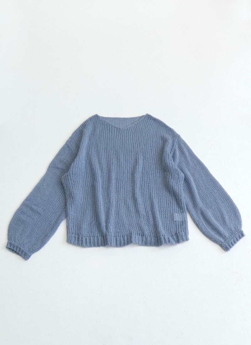 起毛糸透かし編みプルオーバー　ブルー　　revoam（レヴォーム）