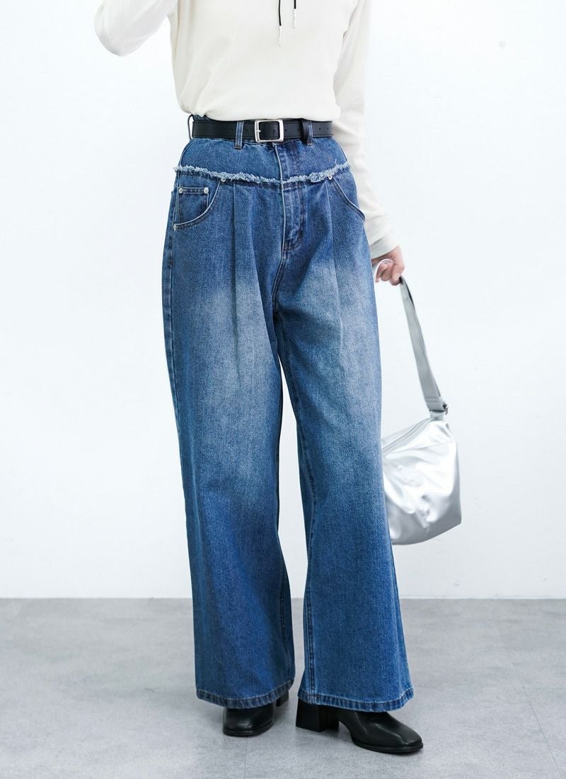 フリンジデニム切替タックパンツ,revoam