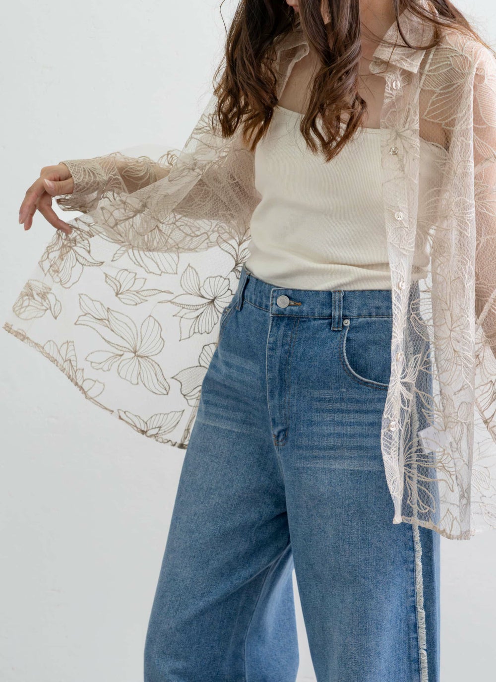 チュール花柄刺繍シャツ