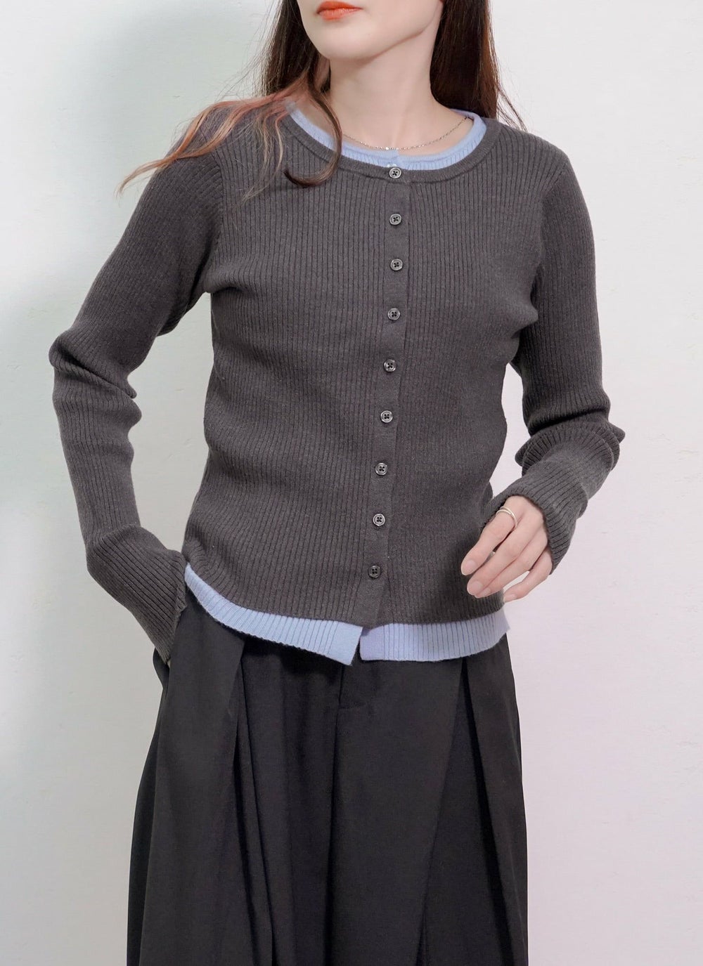 配色レイヤードカーデ