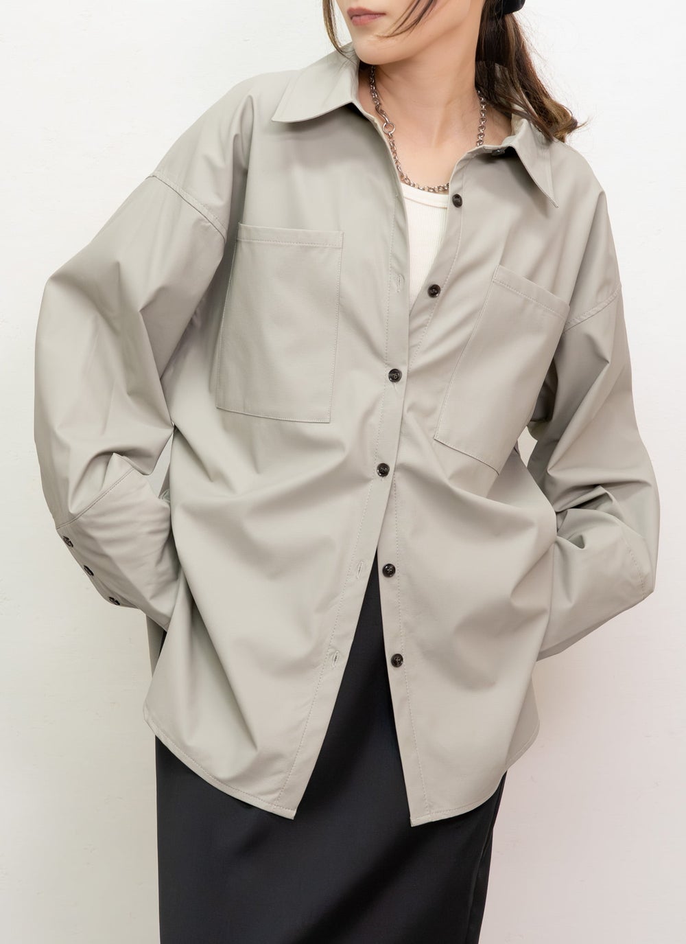 ウォッシャブルフェイクレザービッグシャツ