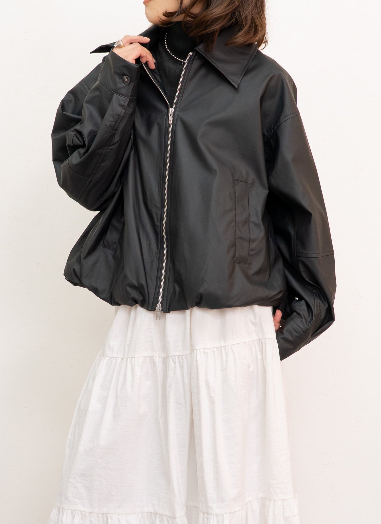ウォッシャブルフェイクレザーバルーンジャケット｜レディース