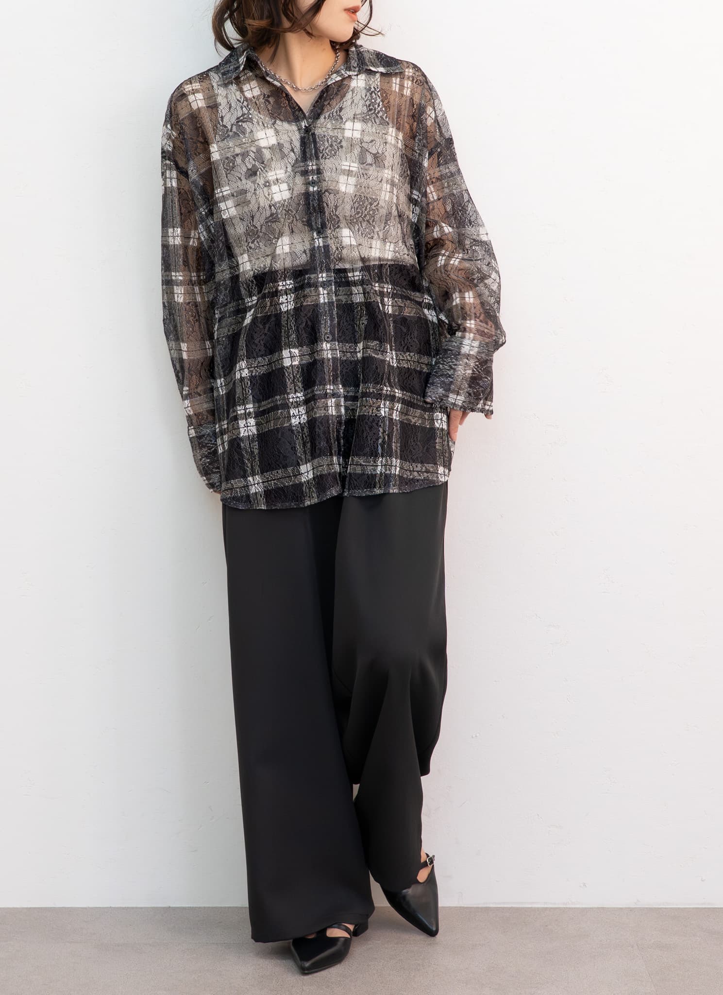 【GUILD PRIME】(36) 日本製 総柄 チェック 花柄 レース シャツ GUILD PRIME - 【GUILD PRIME】(36) 日本製 総柄 チェック 花柄 レース